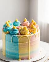 A cake with colorful frosting on top photo