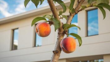 Peaches on a tree in front of a building photo
