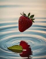 A strawberry is floating in the water with a leaf photo