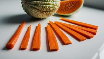 Carrots and melon on a white surface photo
