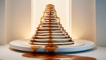 A stack of pancakes on a plate with syrup dripping down photo