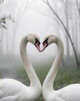 Two swans making a heart shape in the fog photo
