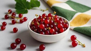 Red currants in a bowl on a white table photo