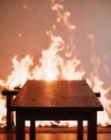 A table with a fire in the background photo