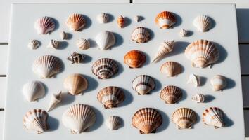 A collection of sea shells on a white surface photo