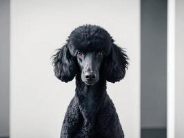 A black poodle sitting in a room photo