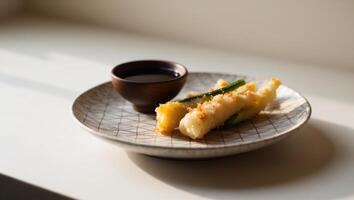 A plate with some food on it and a cup of sauce photo