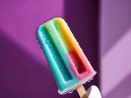 A colorful popsicle with rainbow stripes on it photo