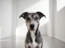 A dog is standing in a white room photo