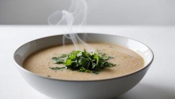 A bowl of soup with a steaming smoke coming out of it photo