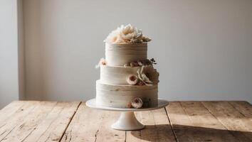 A wedding cake on a wooden table photo