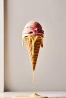Ice cream dripping from a cone on a table photo