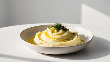 A bowl of mashed potatoes with a garnish of dill photo