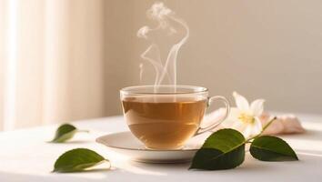 A cup of tea with steam on a white table photo