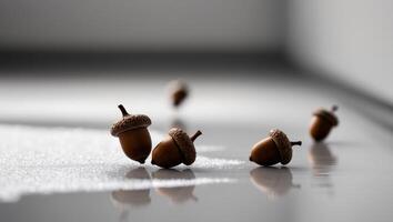 A group of acorns on a white surface photo
