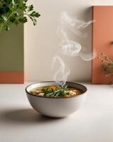 A bowl of soup with steam rising from it photo