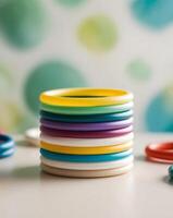 A stack of colorful rings sitting on a table photo