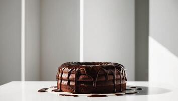 A chocolate cake with drips on a white table photo