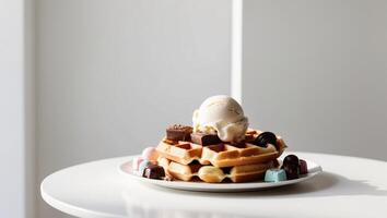 A waffle with ice cream and chocolate on top photo