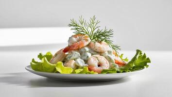 A plate with a salad of shrimp and lettuce photo