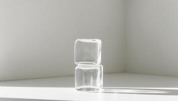 A glass cube sitting on a table in front of a white wall photo