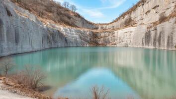 A lake in a quarry with a mountain in the background photo