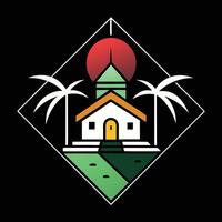 A church with palm trees and a sun in the background vector