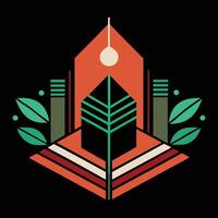 A green and orange building with a leaf on it vector