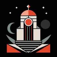 A red and white building with a clock on top vector