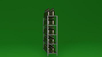 A green background with a metal rack holding wine bottles photo