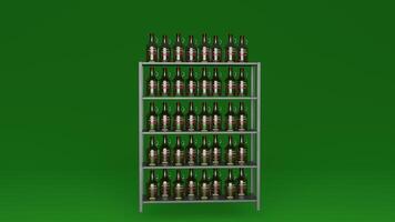 A shelf full of beer bottles on a green background photo