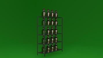 A green background with a shelf full of bottles photo