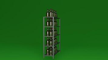 A green background with a tall rack of wine bottles photo