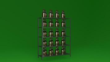 A shelf with bottles of beer on a green background photo