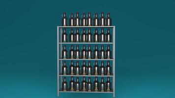 A rack of wine bottles on a blue background photo