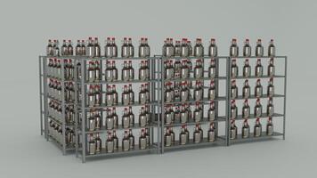 A rack of bottles with red tops on them photo