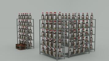 A rack of bottles with red tops on them photo