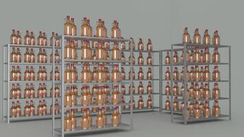 A rack of bottles with red tops on them photo