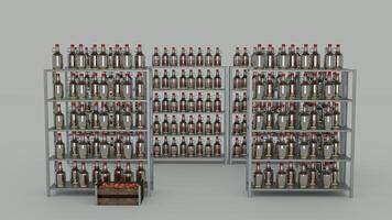 A large rack of bottles with red tops photo
