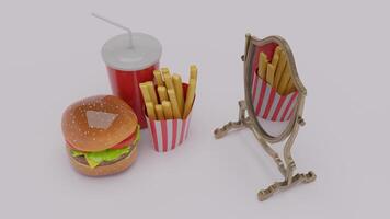 A hamburger, fries and a soda next to a mirror photo