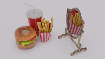 A hamburger, fries and a soda next to a mirror photo
