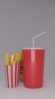A red cup with a straw and a hamburger photo