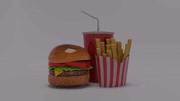 A hamburger and fries are shown next to a drink photo