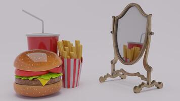 A hamburger, fries and a drink next to a mirror photo