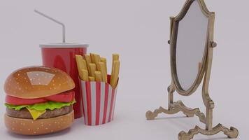 A hamburger, fries and a drink next to a mirror photo