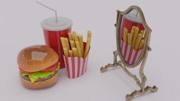 A hamburger, fries and a soda next to a mirror photo