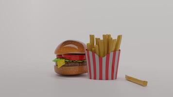 A hamburger and fries in a paper box photo
