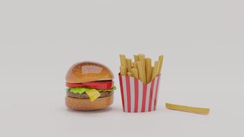 A hamburger and fries in a paper box photo