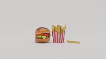 A hamburger and fries on a white surface photo