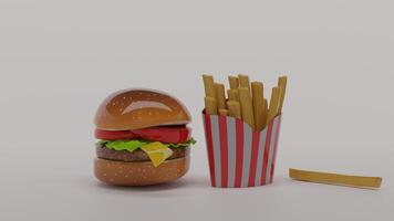 A hamburger and fries in a paper box photo